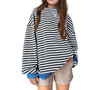 Sweat san Capuche Fille 2-13 Ans Hiver Imprimé Vintage Sweatshirt à Rayures Ado Fille Oversize Ample Top Haut Fille Chic Manche Longue Streetwear Casual Jogging Hoodies (Dark Blue, 11-12 Ans)
