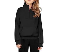 Sweat sans Capuche Fille Demi Zippé Hiver 5-14 Ans Mignon Pullover col Roulé Sweatshirt Ado Fille Manche Longue Ample Chic Pas Cher Casual Sport Vacances Haut Tops (13-14 Ans, Noir-a)