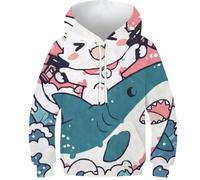 Sweat-Shirt 3D pour garçon, Motif Chat Kawaii chevauchant Un Requin armé, imprimé, Manches Longues, avec Poche, idéal pour l'hiver (8-10 Ans).