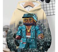 sweat-shirt à capuche à manches longues avec imprimé graphique d'un garçon en pixel cool et décontracté, portant un collier en or, émergeant des ruines, pour pré-adolescent 8Y,9Y,10Y,11Y,12YPortrait,G