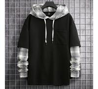 sweat-shirt à capuche ample à poches plaquées à épaules tombantes avec cordon de serrage 2 en 1 pour hommes, hoodies à carreaux, hoodies noirs, automne, Top à manches longues L,M,S,XL,XXLCarreauÉtoffe