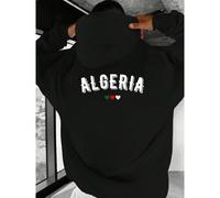 sweat-shirt à capuche de loisirs pour hommes "Algérie" - Noir avec lettres blanches et design de cœur, coupe ample, manches longues, poche avant, convient pour les activités de plein air en automne et