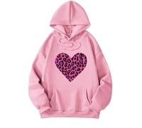 Sweat-shirt à capuche élégant imprimé ample pour femme avec col en V, pull à manches longues, haut décontracté pour la vie quotidienne, les voyages et les rendez-vous galants, noir, Rose, M