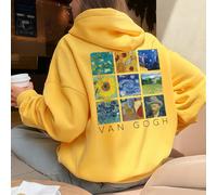 sweat-shirt à capuche en coton pour femmes, manches longues avec épaules tombantes et cordon de serrage. Imprimé avec les portraits des Tournesols et de La Nuit Étoilée de Van Gogh. Style polyvalent, 