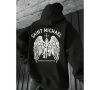 Sweat-shirt à capuche gothique épais pour hommes avec motif chrétien | Impression de combat de St. Michel, vêtements religieux catholiques bleu marine, vêtements d'église ample, pour se superposer par