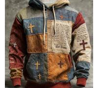 Sweat-shirt à capuche homme rétro artistique à imprimé patchwork, Top confortable et coloré, Sweat-shirt à manches longues avec graphique croix JÉSUS, convient pour un port quotidien L,M,S,XL,XXLCoutu