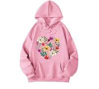 Sweat-shirt à capuche imprimé élégant pour femme avec col en V coupe ample pour vêtements décontractés, voyages, rencontres tenues quotidiennes à manches longues design pull, Rose, L
