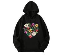 Sweat-shirt à capuche imprimé élégant pour femme avec col en V coupe ample pour vêtements décontractés, voyages, rencontres tenues quotidiennes à manches longues design pull, Noir , M