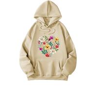Sweat-shirt à capuche imprimé élégant pour femme avec col en V coupe ample pour vêtements décontractés, voyages, rencontres tenues quotidiennes à manches longues design pull, beige, S