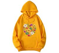Sweat-shirt à capuche imprimé élégant pour femme avec col en V coupe ample pour vêtements décontractés, voyages, rencontres tenues quotidiennes à manches longues design pull, jaune, L