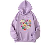 Sweat-shirt à capuche imprimé élégant pour femme avec col en V coupe ample pour vêtements décontractés, voyages, rencontres tenues quotidiennes à manches longues design pull, lilas, L