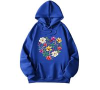 Sweat-shirt à capuche imprimé élégant pour femme avec col en V coupe ample pour vêtements décontractés, voyages, rencontres tenues quotidiennes avec manches longues design pull, bleu, S