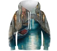 Sweat-shirt à capuche imprimé numérique « Canaux sereins de Venise » pour garçon, sweat-shirt à capuche avec poche pour fille, sweat-shirt unisexe à motif chat, pull coloré pour enfant (11-13 ans).