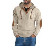 Sweat-shirt à capuche pour homme avec boutonnière, sweat à capuche d'hiver chaud en polaire, pull à capuche épais, vintage, pull à capuche rayé avec patchs au coude, pull thermique, beige, M