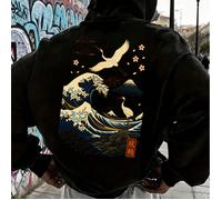 Sweat-shirt à capuche pour hommes avec imprimé du visage de l'estampe japonaise Ukiyo-E représentant des motifs de vagues et de grues. Décontracté et confortable, manches longues, vêtement d'automne e