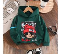 Sweat-shirt à capuche pour jeune garçon en vert olive, motif graphique + slogan "NE JAMAIS S'ARRÊTER", style de rue, convient pour la danse de rue, traîner avec des amis, libérer l'énergie des enfants