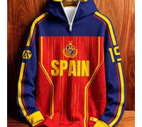 sweat-shirt à capuche style équipe espagnole vintage, bloc de couleurs rouge jaune bleu, rayures, imprimé badge et lettres, motif subtil, demi-zip, col montant, veste streetwear à manches longues, pul