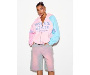 Sweat-shirt à capuche surdimensionné Empire State Varsity avec fermeture éclair intégrale, design color block et impression graphique collégiale sur le devant L,M,S,XL,XS,XXL,XXS,XXXL,XXXXLTie dyeTiss
