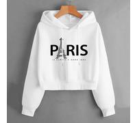 sweat-shirt à capuche thermique à épaules tombantes à cordon de serrage avec graphique Tour Eiffel et slogan "PARIS EST TOUJOURS UNE BONNE IDÉE", Tops à manches longues L,M,S,XSgraphique,SloganÉtoffe