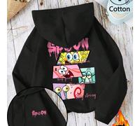 sweat-shirt à capuche unisexe à manches longues avec cordon de serrage et poche, sweat-shirt à capuche noir ample et décontracté, imprimé à carreaux et lettres SpongeBob SquarePants, imprimé blocs de 