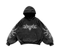 Sweat-Shirt à Capuche Unisexe Effet Délavé Imprimé Métal Hardcore Ronces Rouges/Blanches - Coupe Oversize Décontractée en Coton avec Poche Kangourou - pour Style Urbain, Concerts et Look Quotidien