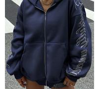 Sweat-shirt à capuche zippé à manches longues avec broderie de lettres, style décontracté, couleur bleu marine, pour femmes en automne. Top à manches longues pour la remise des diplômes, la rentrée sc