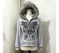 Sweat-shirt à capuche zippé avec imprimé d'ailes style street pour filles, veste à capuche décontractée avec bordure en fourrure, veste Sweat-shirt à manches longues avec imprimé vintage sombre et poc