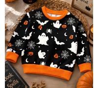 sweat-shirt à col rond décontracté pour bébé garçon, nourrisson et tout-petit, imprimé graphique classique d'Halloween avec chauve-souris, fantôme, squelette, toile d'araignée et tête de citrouille, c
