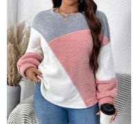 Sweat-shirt à col rond en patchwork de blocs de couleur en peluche et chaud, grande taille 0XL,1XL,2XL,3XL,4XL,5XLTissu tricoté