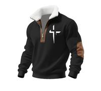 Sweat-shirt à demi-fermeture éclair en molleton doublé en polaire pour homme, imprimé western vintage, manches longues, col zippé, pulls chauds d'hiver, pulls décontractés pour homme, L