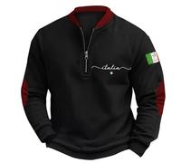 Sweat-shirt à demi-fermeture éclair pour homme - Imprimé drapeau italien 3D - Coupe ajustée - Pull extensible tendance avec col zippé - Manches longues - Pull ample avec coudières, Rouge, XXL