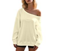 Sweat-shirt à épaules dénudées pour femme - Décontracté - Manches longues - Pull décontracté - Pour le quotidien - Confortable - Doux - Extensible - Couleur pure - Coupe ample - Printemps - Automne