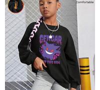 Sweat-shirt à épaules tombantes en coton noir pour fille avec imprimé créature de type fantôme Pokémon, sweat-shirt décontracté ample, sweat-shirt à col rond en tissu épais, adapté aux vêtements d'aut