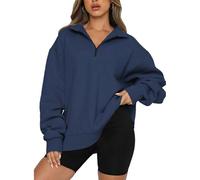 Sweat-shirt à épaules tombantes pour femme, pull à fermeture éclair quart, sweatshirts tendance pour femmes, pulls d'automne, bleu marine, L