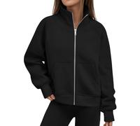 Sweat-shirt à fermeture éclair intégrale pour femme - Col montant - Veste surdimensionnée décontractée à manches longues avec poches - Léger et ample, Noir , L