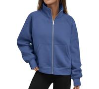 Sweat-shirt à fermeture éclair intégrale pour femme - Col montant - Veste surdimensionnée décontractée à manches longues avec poches - Léger et ample, bleu, L