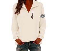 Sweat-shirt à fermeture éclair quart de tour à col en V et manches longues - Sweatshirt basique décontracté sans capuche imprimé - Col montant uni côtelé pour femme, Beige-2., M