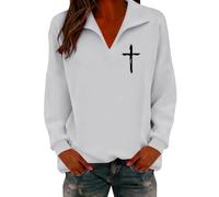 Sweat-shirt à fermeture éclair quart de tour à col en V et manches longues - Sweatshirt basique décontracté sans capuche imprimé - Col montant uni côtelé pour femme, Gris-3., L