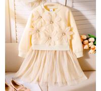 Sweat-shirt à manches longues avec boutons de perle à fleurs abricot, robe princesse à contraste de maille pour filles, jupe courte décontractée mode pour enfants en début d'automne 6Y,7Y,4Y,5YPolyest
