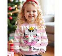 Sweat-shirt à manches longues en tricot, coupe ample et col rond, imprimé chat de ballet mignon, rayures roses, pour le port casual quotidien des jeunes filles, convient pour l'automne/l'hiver 6Y,7Y,4