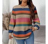 Sweat-shirt ample à col rond, manches longues, imprimé de rayures colorées, pour femmes grandes tailles. Texture gaufre, convient pour l'automne/l'hiver 0XL,1XL,2XL,3XL,4XL,5XLUnicoloreTissu tricoté