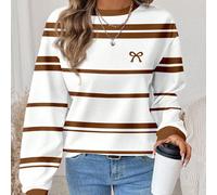 Sweat-shirt ample à col rond pour femmes grandes tailles, imprimé de rayures kaki minimaliste et décontracté, Sweat-shirt blanc 0XL,1XL,2XL,3XL,4XLgraphique,RayéTissu tricoté
