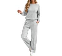 Sweat-shirt ample à manches longues et col rond, pantalon droit, deux pièce | Ensemble Jogging Bleu Marine Femme Chemise Voilée Feminin Ecru Baggy Basique Bouton 38 T on Salopette