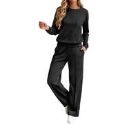Sweat-shirt ample à manches longues et col rond, pantalon droit, deux pièce | Ensemble Jogging Bleu Marine Femme Chemise Voilée Feminin Ecru Baggy Basique Bouton 38 T on Salopette