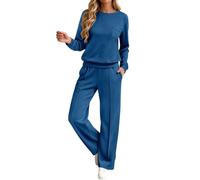 Sweat-shirt ample à manches longues et col rond, pantalon droit, deux pièce | Ensemble Jogging Bleu Marine Femme Chemise Voilée Feminin Ecru Baggy Basique Bouton 38 T on Salopette