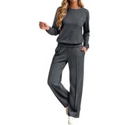 Sweat-shirt ample à manches longues et col rond, pantalon droit, deux pièce | Ensemble Jogging Bleu Marine Femme Chemise Voilée Feminin Ecru Baggy Basique Bouton 38 T on Salopette