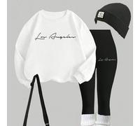 Sweat-shirt blanc + leggings noirs/Ensemble de sortie pour femmes/Ensemble automne-hiver pour femmes/Vêtements décontractés d'automne/hiver pour femmes/Ensemble sweat-shirt col rond et leggings/Retour