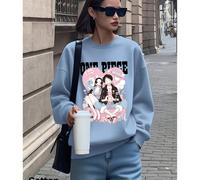 Sweat-shirt bleu denim à épaules tombantes pour femme, haut en coton, imprimé couple Luffy et Impératrice, sweat-shirt ample surdimensionné à col rond pour printemps et automne L,M,S,XL,XSCartoon,Géom
