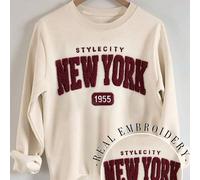 Sweat-shirt brodé New York à épaules tombantes, style automne/hiver décontracté, vêtement de sport brodé pour tous les jours, vêtement de sport en fil chenille, cadeau chrétien personnalisé, sweat-shi