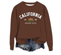 Sweat-shirt californien léger et vintage pour femme, vêtements graphiques imprimés Los Angeles, lettre unie, col rond, hauts décontractés à capuche avec motifs, épaules tombantes Backwoods, marron, L